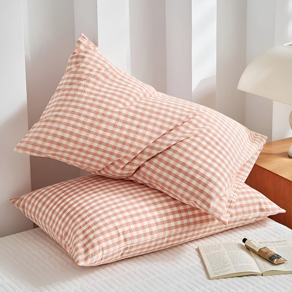Plaid Checkered Pillowcases Soft Cotton Set-Bedding & Bath > Pillowcases-casanuva-Blush Checkered-casanuva