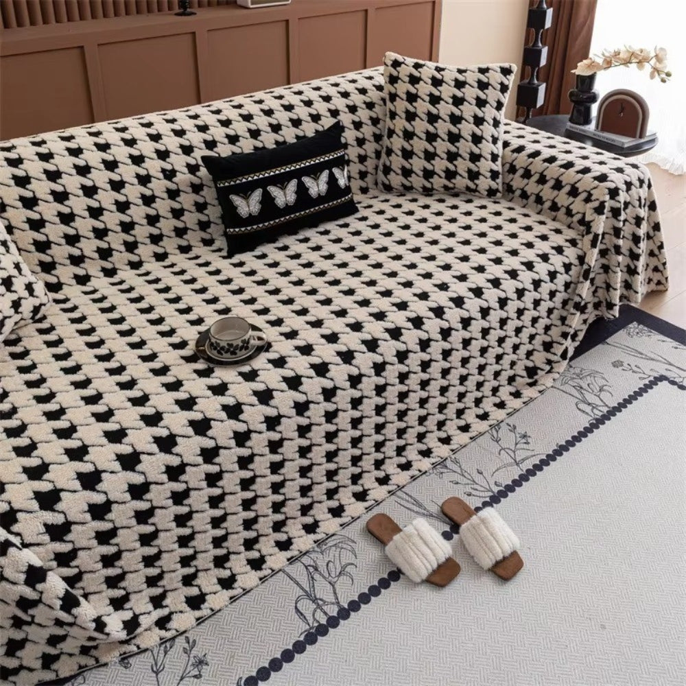 Plush Houndstooth Sofa Cover-Covers & Textiles > Sofa Covers-casanuva-Beige-71"x51"-casanuva