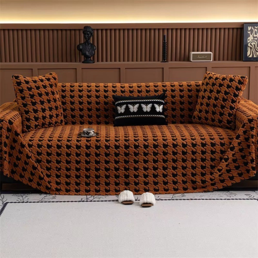 Plush Houndstooth Sofa Cover-Covers & Textiles > Sofa Covers-casanuva-Brown-71"x51"-casanuva