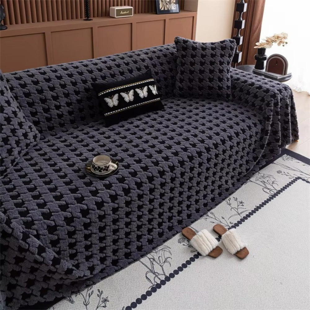 Plush Houndstooth Sofa Cover-Covers & Textiles > Sofa Covers-casanuva-Dark Gray-71"x51"-casanuva