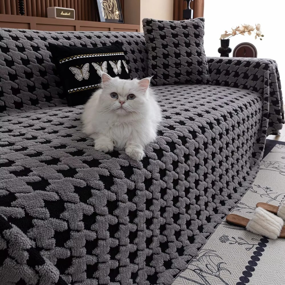 Plush Houndstooth Sofa Cover-Covers & Textiles > Sofa Covers-casanuva-Light Gray-71"x51"-casanuva