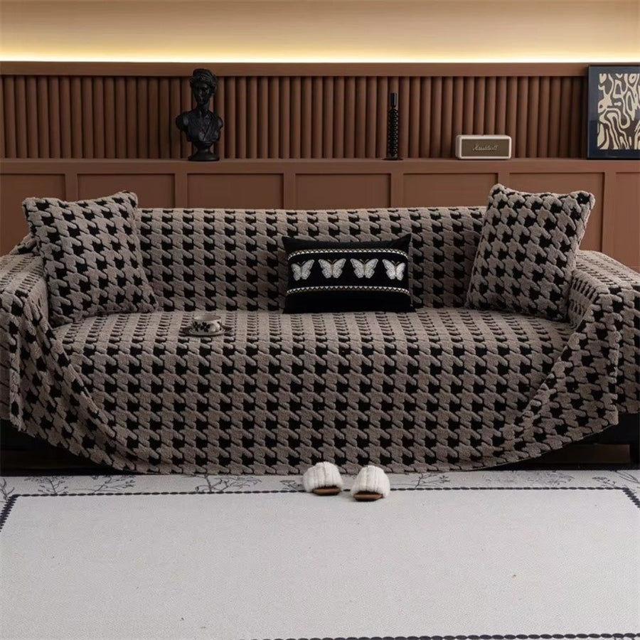 Plush Houndstooth Sofa Cover-Covers & Textiles > Sofa Covers-casanuva-Taupe-71"x51"-casanuva