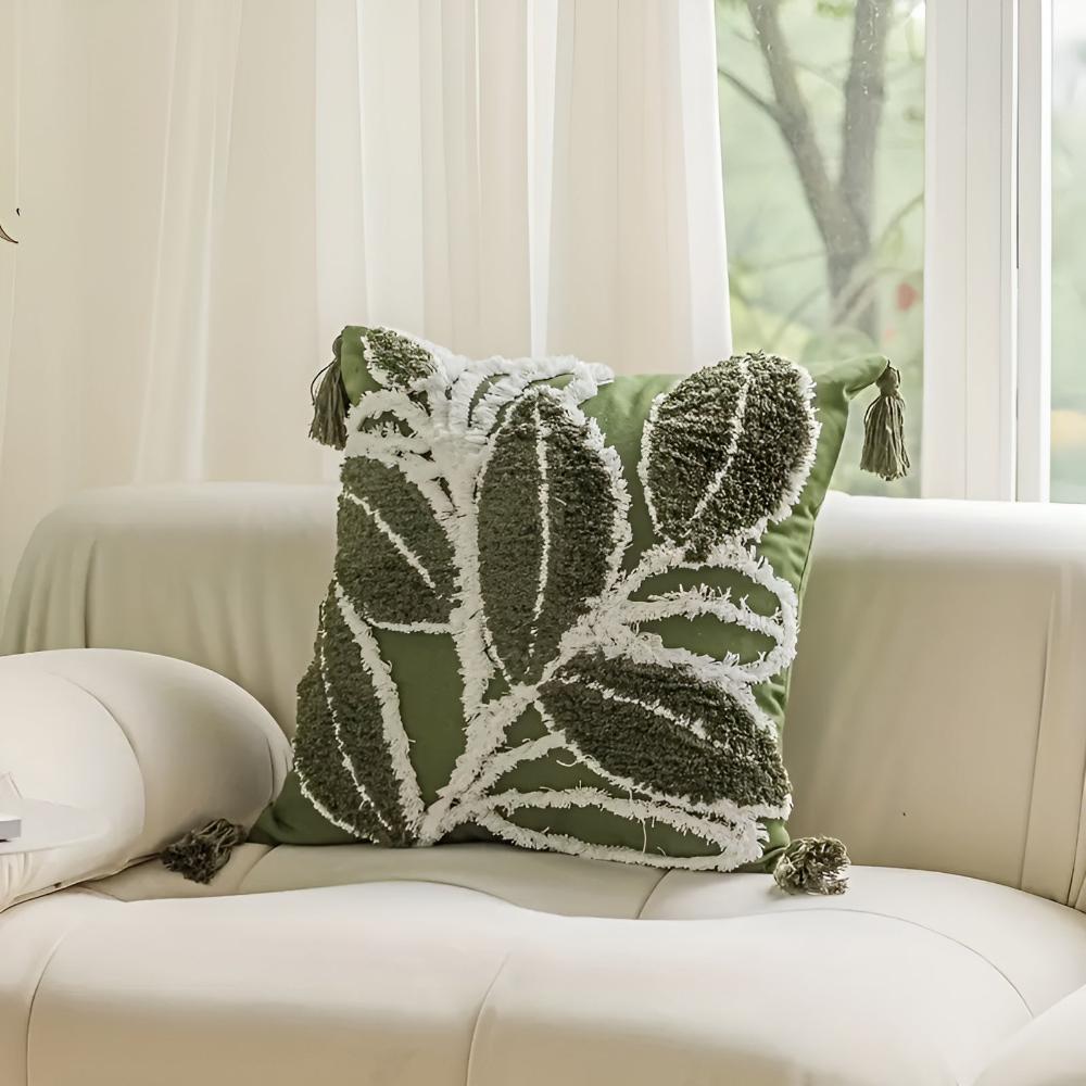 Plush Leaf Cushion Cover with Tassel-Covers & Textiles > Cushion Covers-casanuva-Forest Green-casanuva