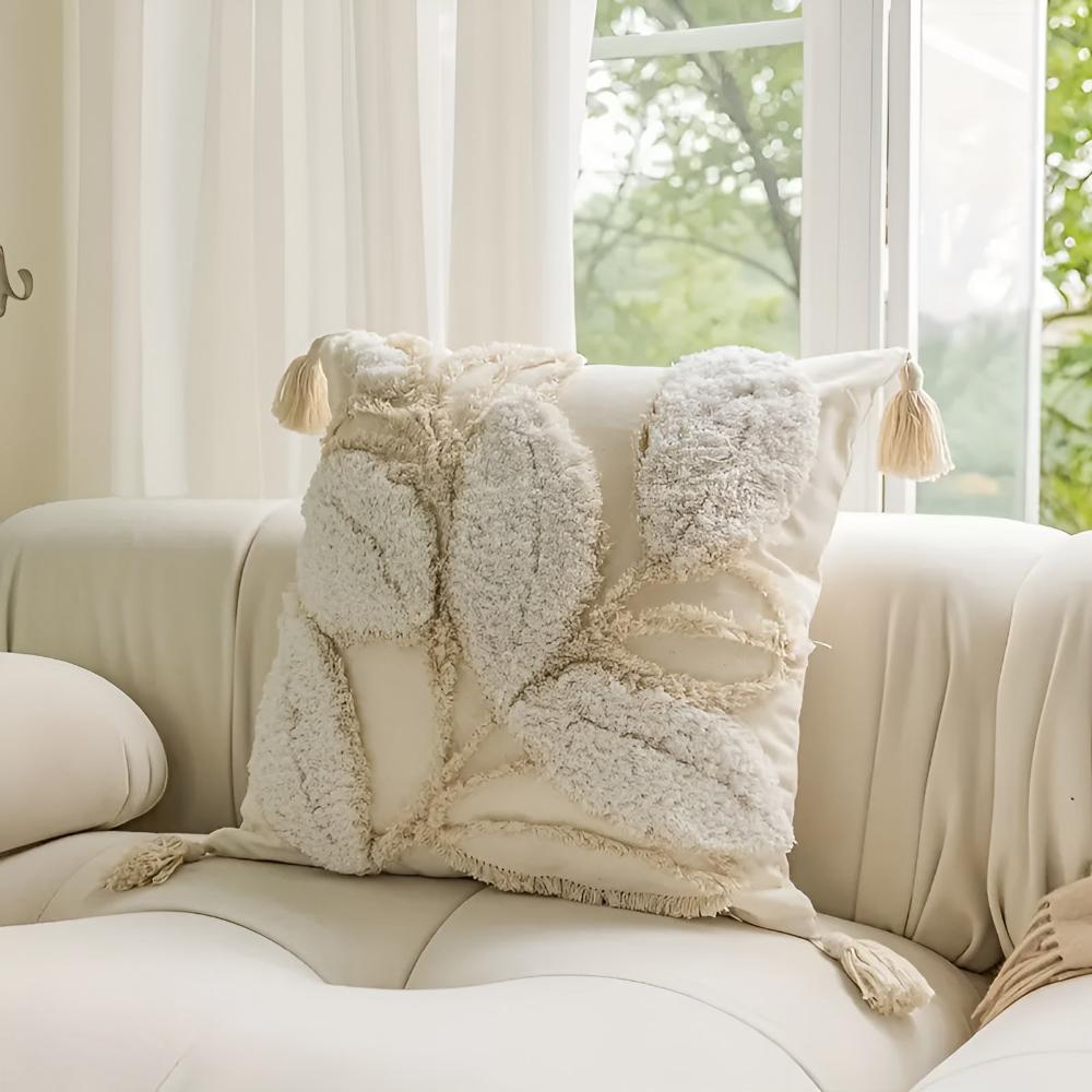 Plush Leaf Cushion Cover with Tassel-Covers & Textiles > Cushion Covers-casanuva-Palm Ivory-casanuva