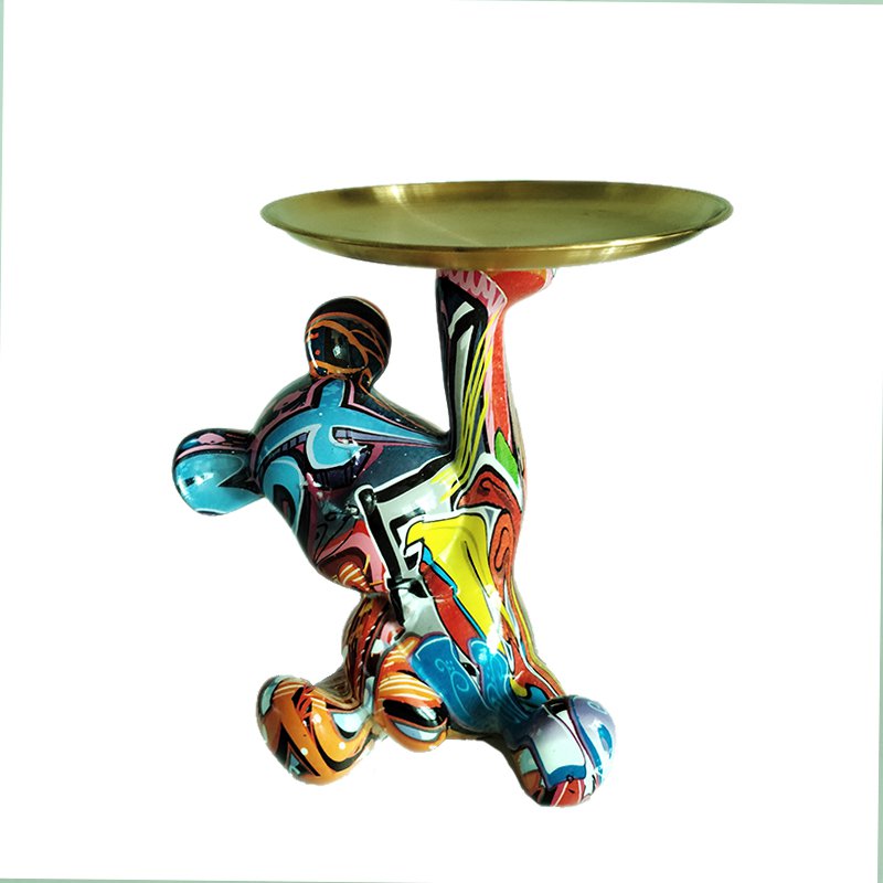 Polyresin Bear Figurine with Round Tray Tabletop Decor-Home Decor > Figurines-casanuva-Multicolour-W 19cm-casanuva