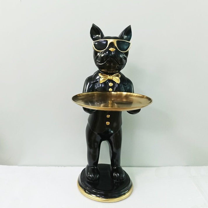 Polyresin Bulldog Figurine with Gold Tray-Home Decor > Figurines-casanuva-Black-W 43x5x26cm-casanuva
