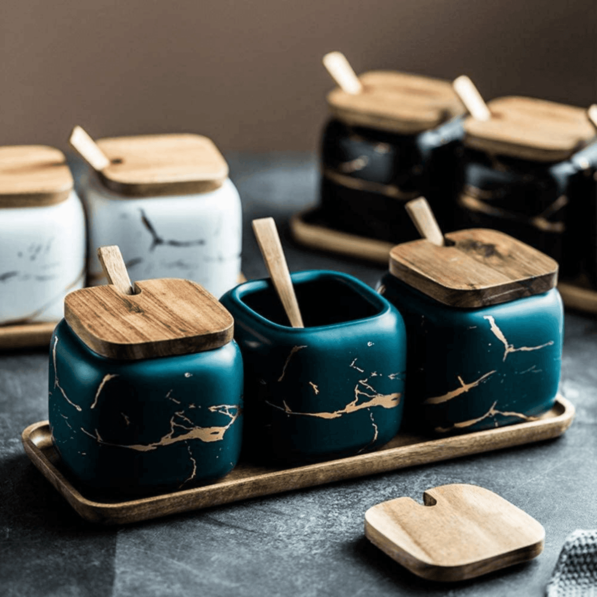 Porcelain Spice Jars with Wooden Tray Set-Kitchen & Dining > Tableware-casanuva-casanuva