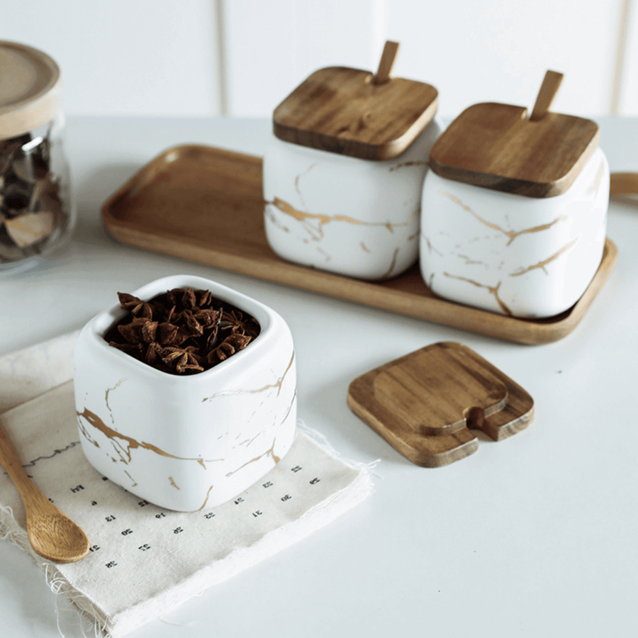 Porcelain Spice Jars with Wooden Tray Set-Kitchen & Dining > Tableware-casanuva-casanuva