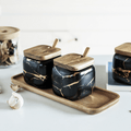 Porcelain Spice Jars with Wooden Tray Set-Kitchen & Dining > Tableware-casanuva-casanuva