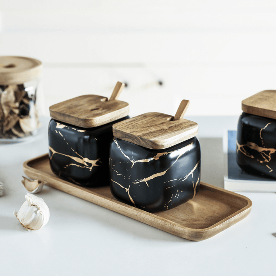 Porcelain Spice Jars with Wooden Tray Set-Kitchen & Dining > Tableware-casanuva-casanuva