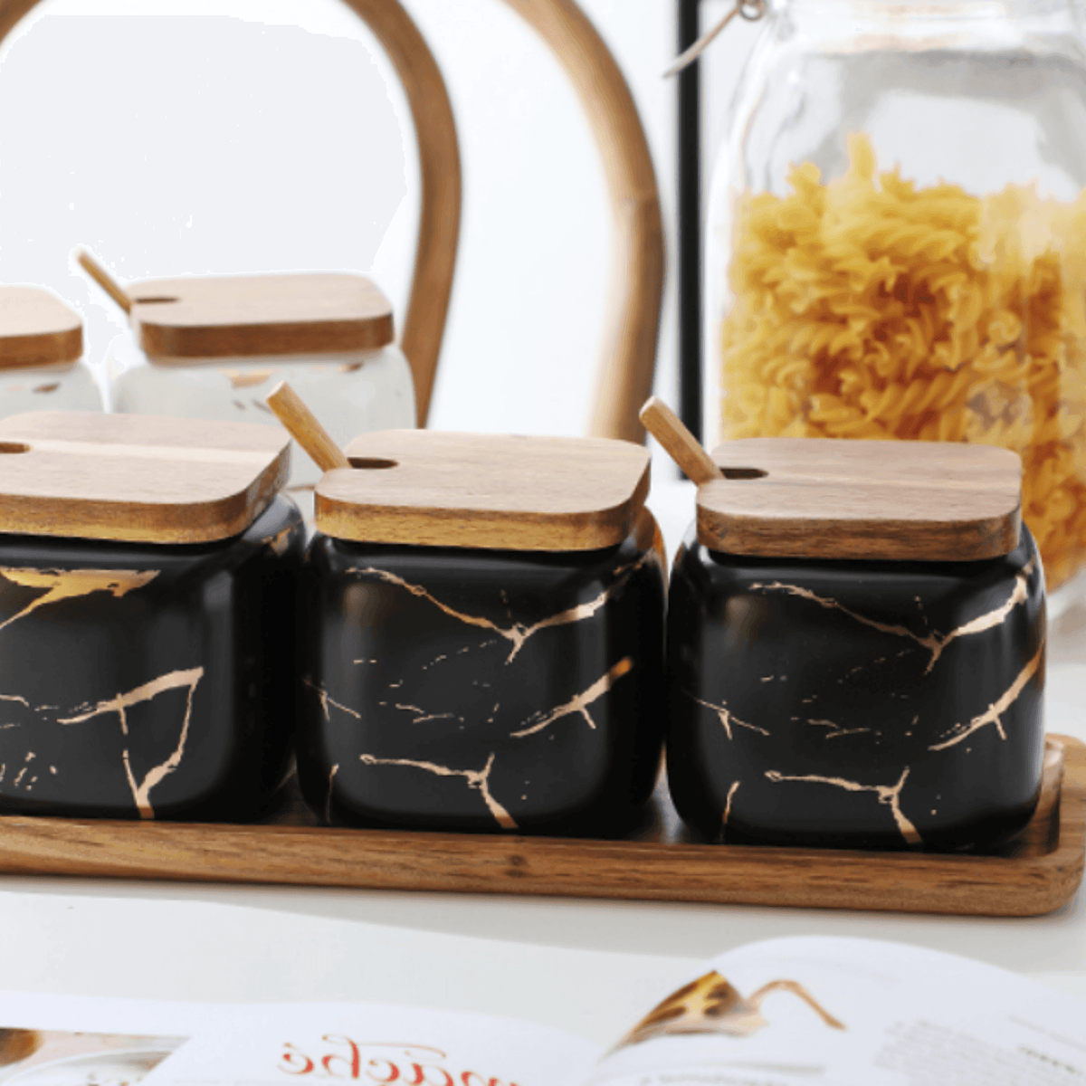 Porcelain Spice Jars with Wooden Tray Set-Kitchen & Dining > Tableware-casanuva-Black-casanuva