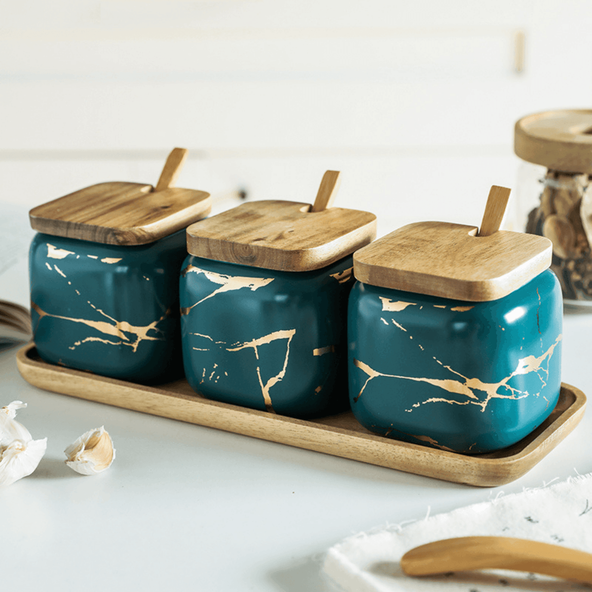 Porcelain Spice Jars with Wooden Tray Set-Kitchen & Dining > Tableware-casanuva-Green-casanuva