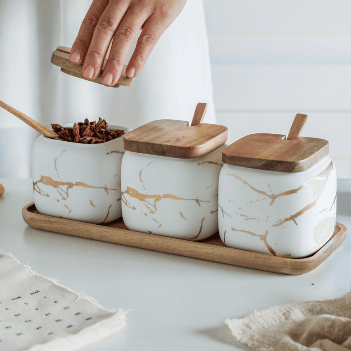 Porcelain Spice Jars with Wooden Tray Set-Kitchen & Dining > Tableware-casanuva-White-casanuva