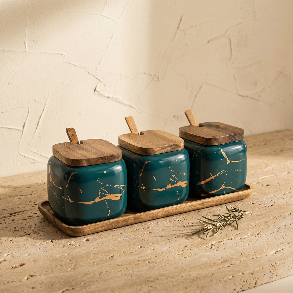 Porcelain Spice Jars with Wooden Tray Set-Kitchen & Dining > Tableware-casanuva-casanuva