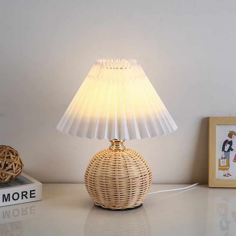 Rattan Fabric Pleated Conic Ball LED Table Lamp for Bedroom-Lighting > Table Lamps-casanuva-casanuva