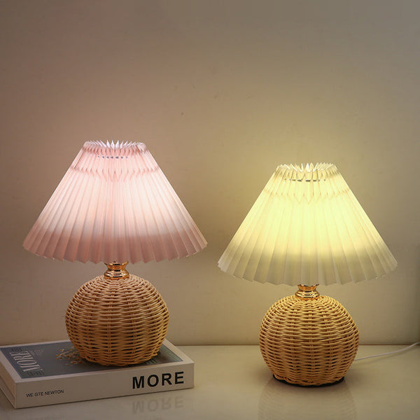 Rattan Fabric Pleated Conic Ball LED Table Lamp for Bedroom-Lighting > Table Lamps-casanuva-casanuva