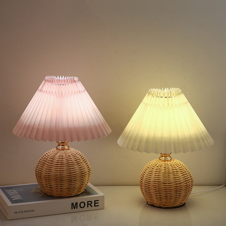 Rattan Fabric Pleated Conic Ball LED Table Lamp for Bedroom-Lighting > Table Lamps-casanuva-casanuva