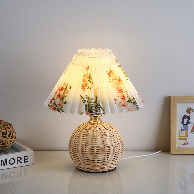 Rattan Fabric Pleated Conic Ball LED Table Lamp for Bedroom-Lighting > Table Lamps-casanuva-casanuva