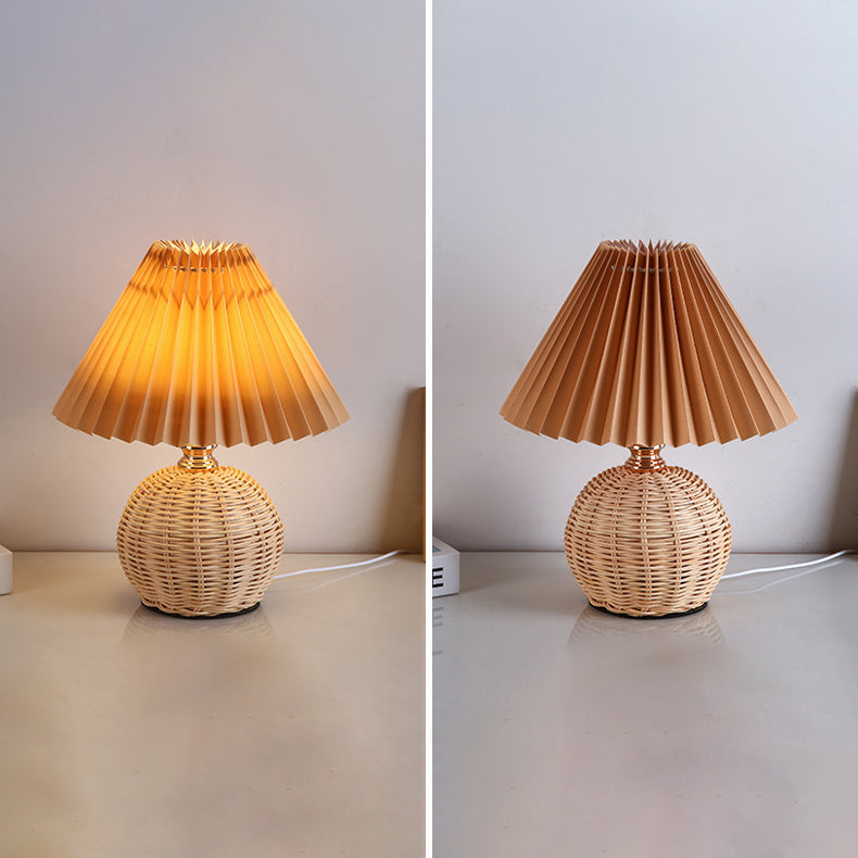 Rattan Fabric Pleated Conic Ball LED Table Lamp for Bedroom-Lighting > Table Lamps-casanuva-casanuva