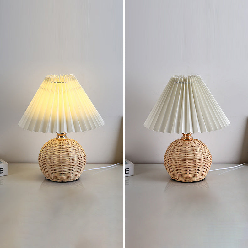 Rattan Fabric Pleated Conic Ball LED Table Lamp for Bedroom-Lighting > Table Lamps-casanuva-casanuva