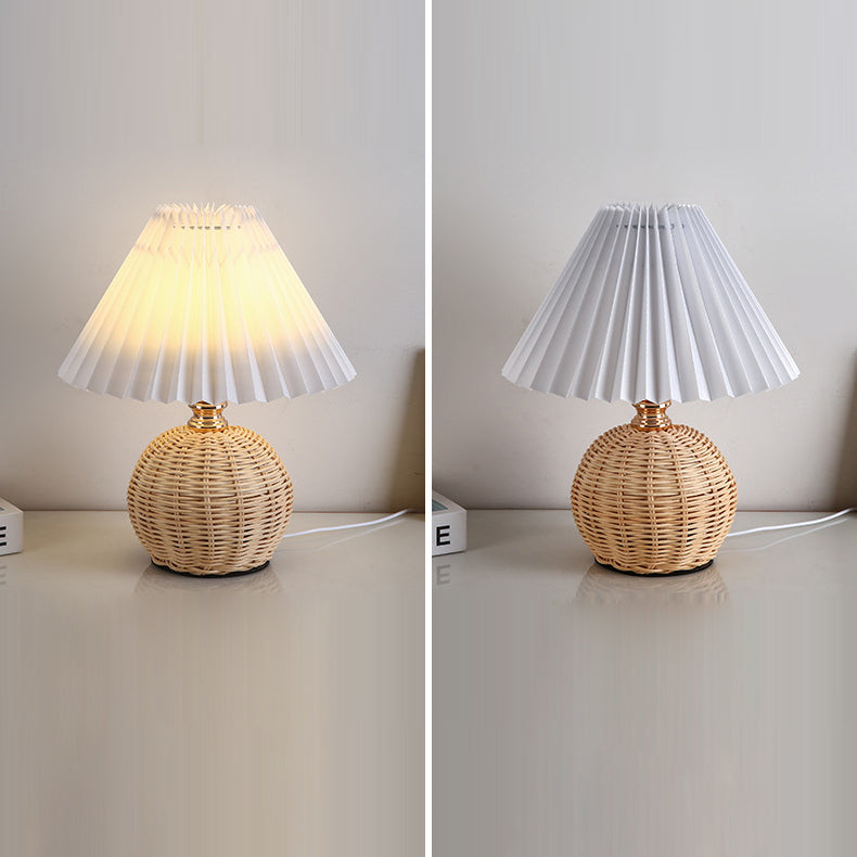 Rattan Fabric Pleated Conic Ball LED Table Lamp for Bedroom-Lighting > Table Lamps-casanuva-casanuva