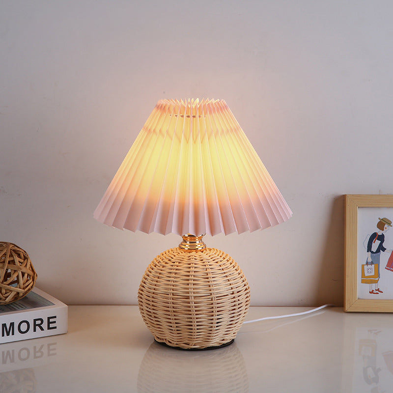 Rattan Fabric Pleated Conic Ball LED Table Lamp for Bedroom-Lighting > Table Lamps-casanuva-Warm Light (3000K)-Pink-5V-casanuva
