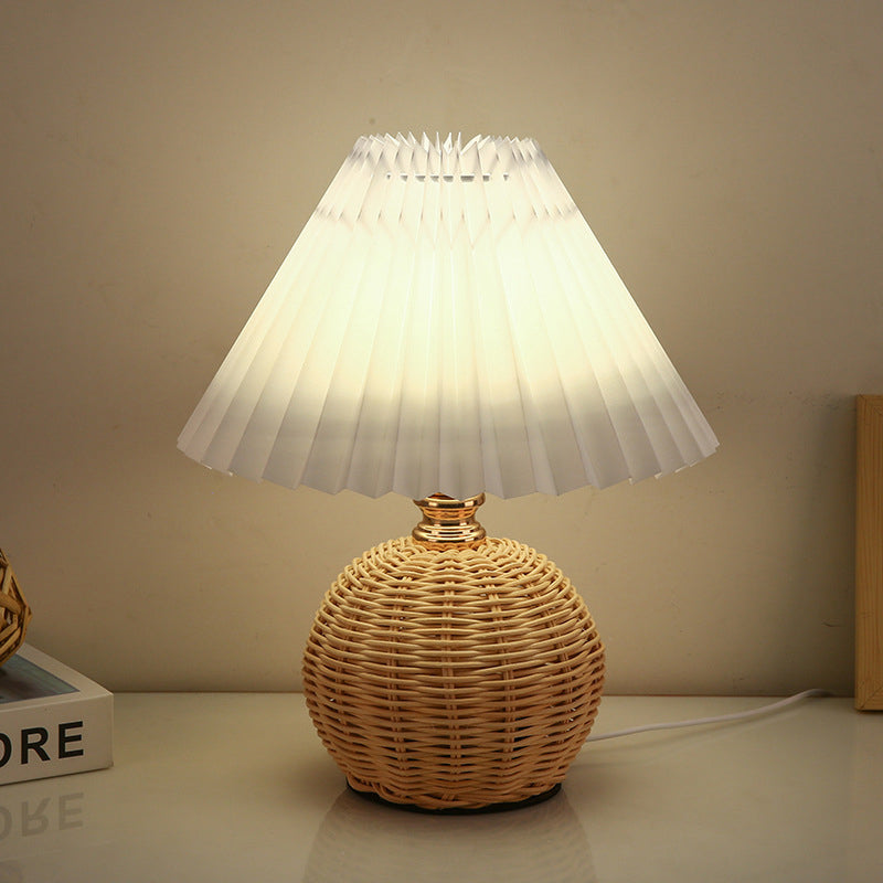Rattan Fabric Pleated Conic Ball LED Table Lamp for Bedroom-Lighting > Table Lamps-casanuva-Warm Light (3000K)-White-5V-casanuva