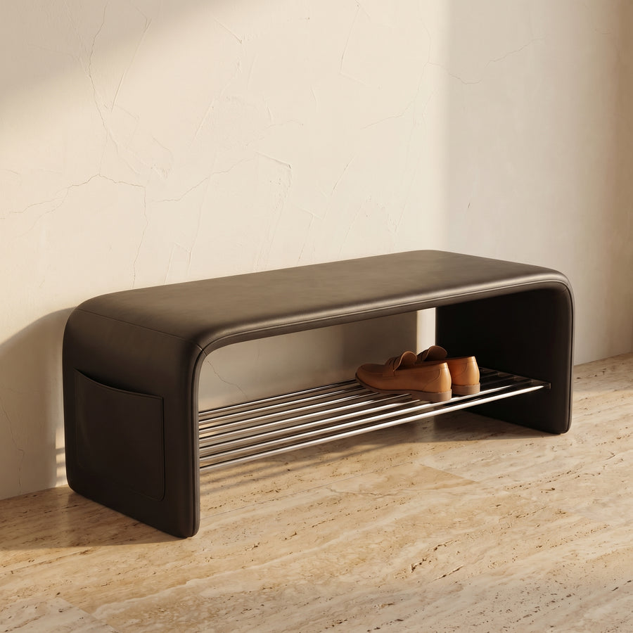 Rectangular 2-Tier Shoe Shelf Bench Eco-Friendly Synthetic Leather Carbon Steel for Entryway Storage-Furniture > Side Tables-casanuva-casanuva