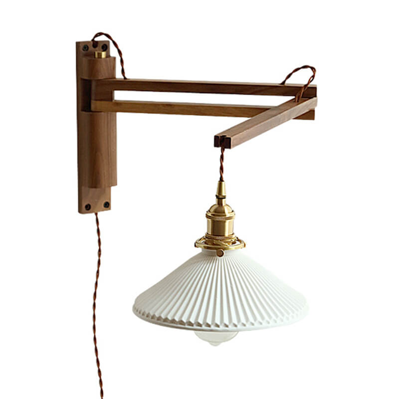 Retractable Walnut Wall Sconce with White Striped Glass Shade-Lighting > Wall Lights-casanuva-casanuva