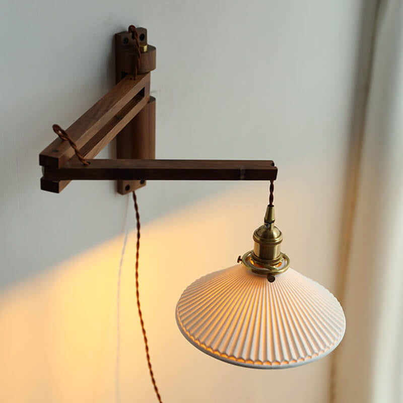 Retractable Walnut Wall Sconce with White Striped Glass Shade-Lighting > Wall Lights-casanuva-casanuva