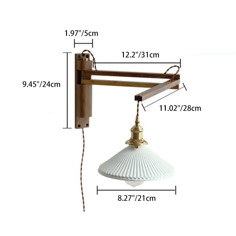Retractable Walnut Wall Sconce with White Striped Glass Shade-Lighting > Wall Lights-casanuva-casanuva