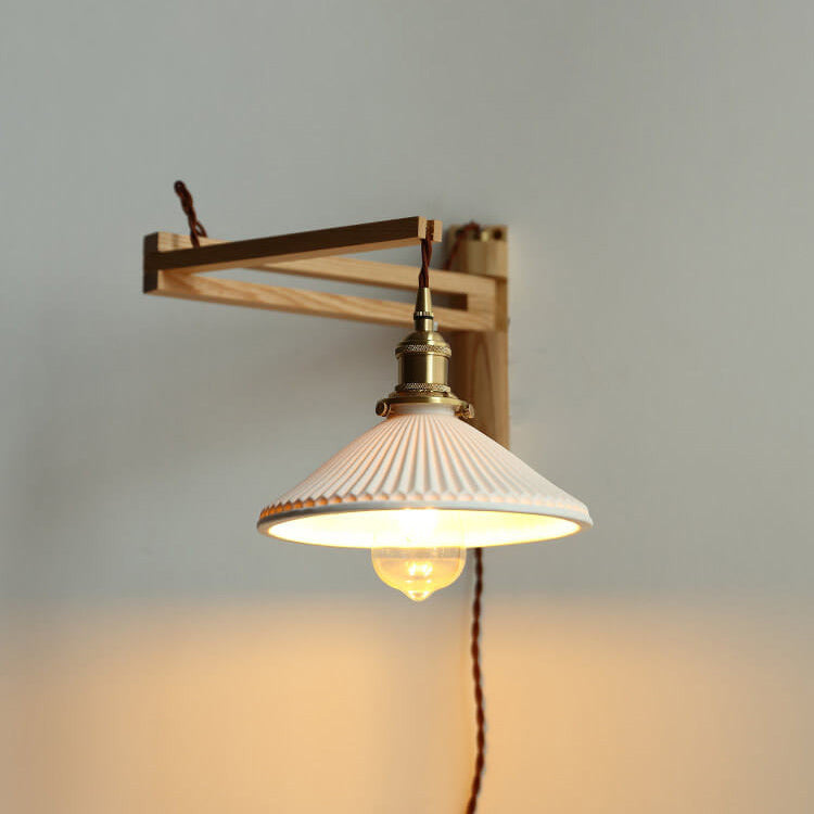 Retractable Walnut Wall Sconce with White Striped Glass Shade-Lighting > Wall Lights-casanuva-Rubberwood-A - Foldable-Plug-in - 100V-120V-casanuva