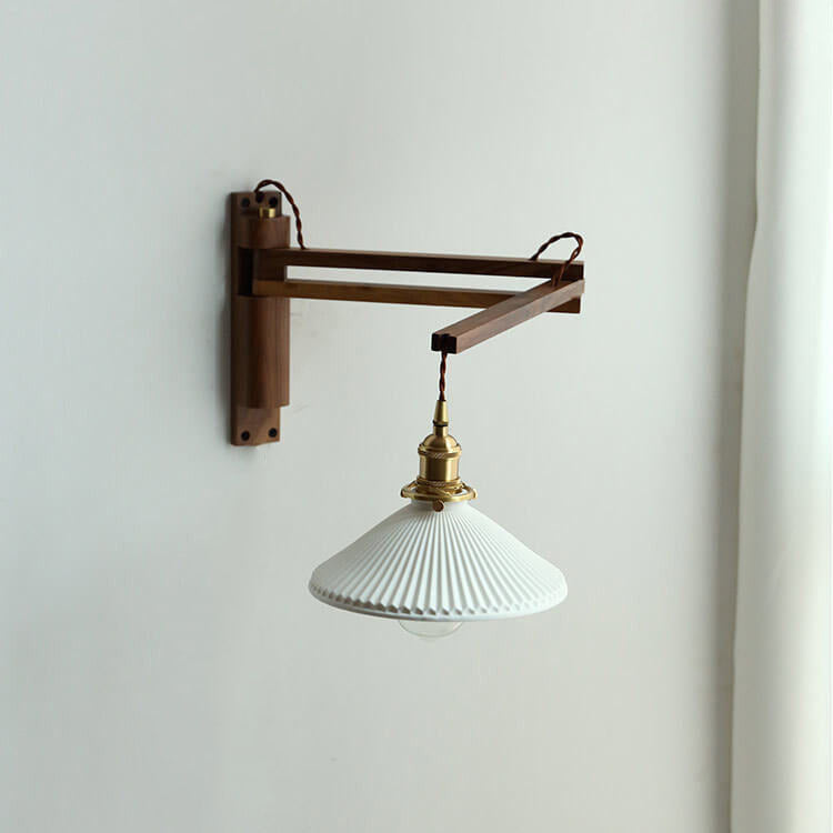 Retractable Walnut Wall Sconce with White Striped Glass Shade-Lighting > Wall Lights-casanuva-Walnut-A - Foldable-Hardwired - 100V-120V-casanuva