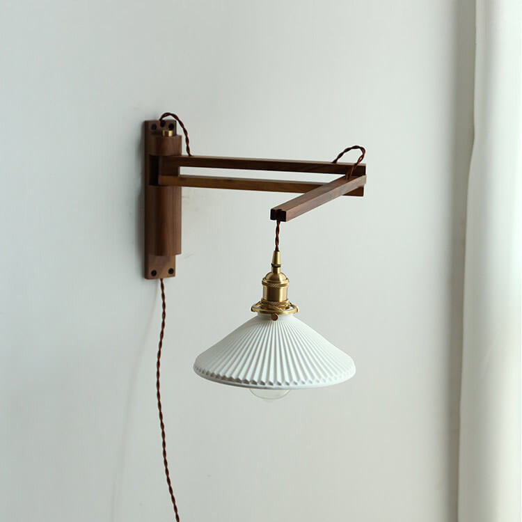 Retractable Walnut Wall Sconce with White Striped Glass Shade-Lighting > Wall Lights-casanuva-Walnut-A - Foldable-Plug-in - 100V-120V-casanuva