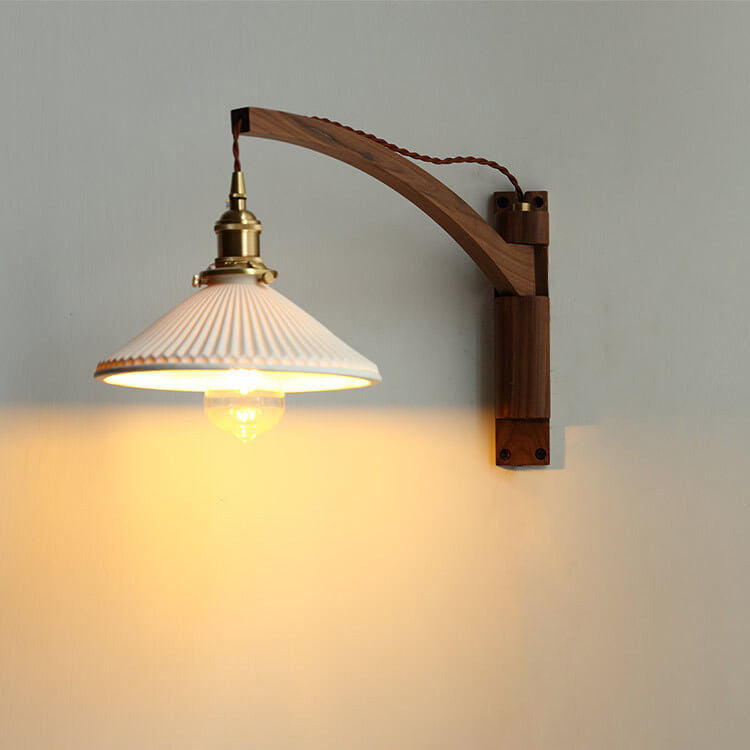 Retractable Walnut Wall Sconce with White Striped Glass Shade-Lighting > Wall Lights-casanuva-Walnut-B - Fish Rod-Hardwired - 100V-120V-casanuva