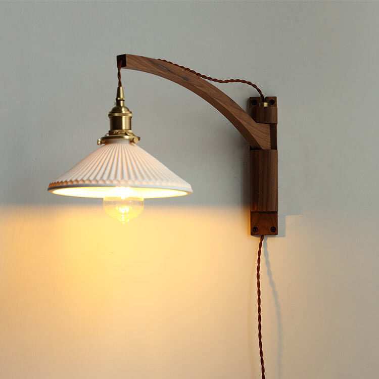 Retractable Walnut Wall Sconce with White Striped Glass Shade-Lighting > Wall Lights-casanuva-Walnut-B - Fish Rod-Plug-in - 100V-120V-casanuva