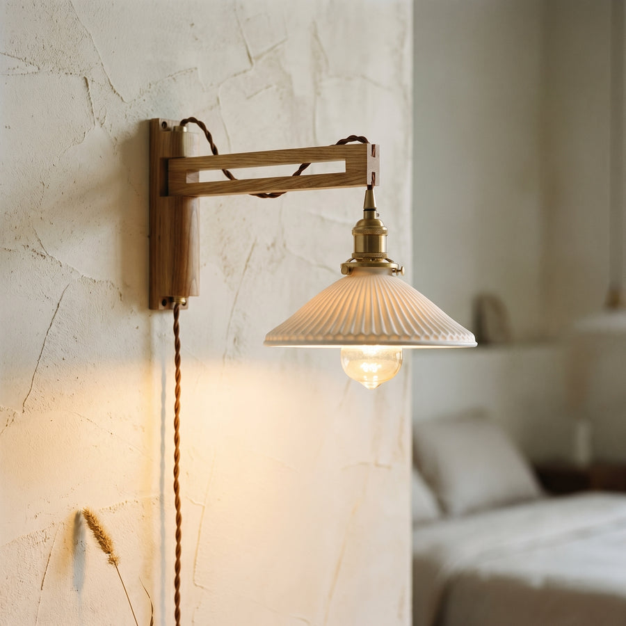 Retractable Walnut Wall Sconce with White Striped Glass Shade-Lighting > Wall Lights-casanuva-casanuva