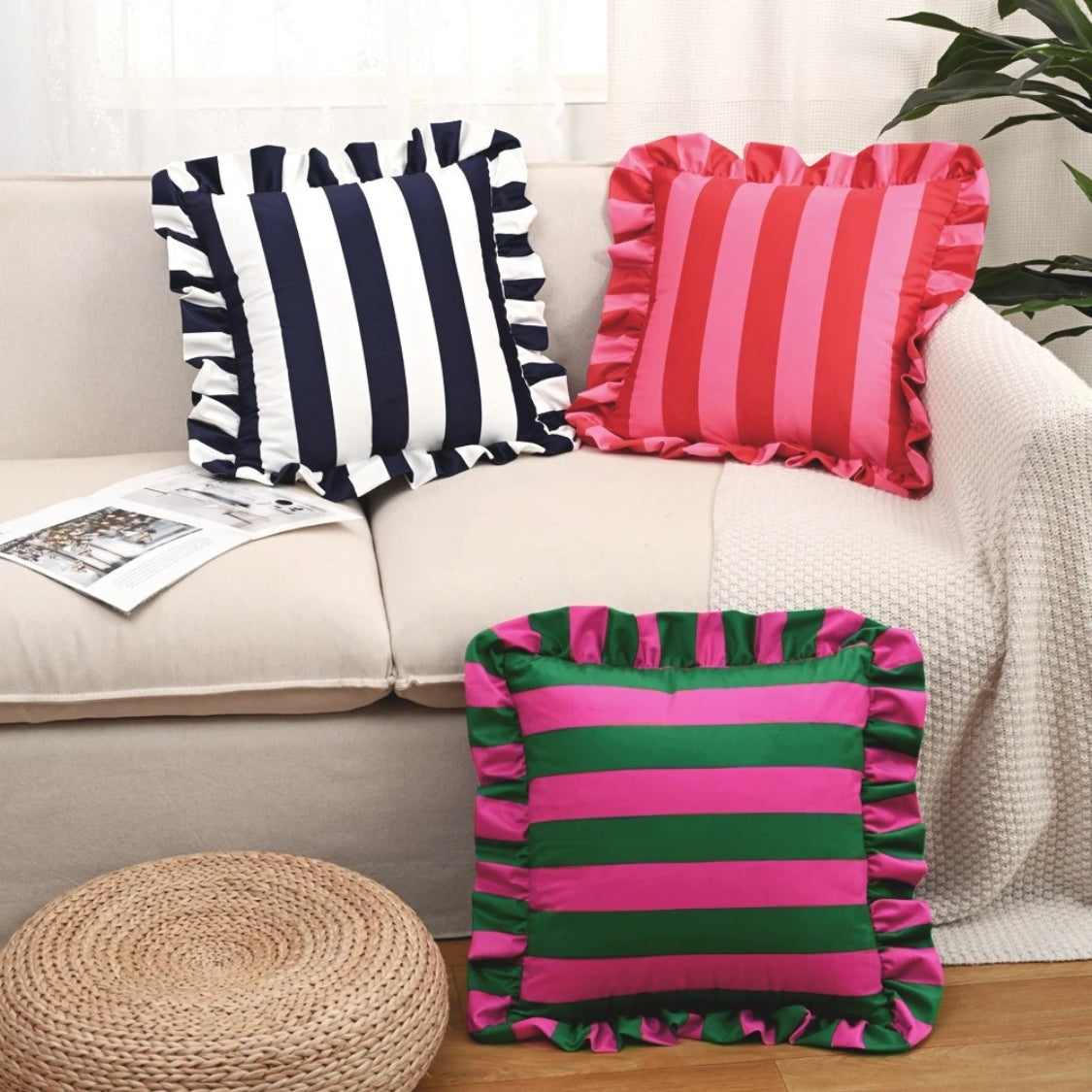 Retro Striped Ruffle Cushion Cover-Covers & Textiles > Cushion Covers-casanuva-casanuva