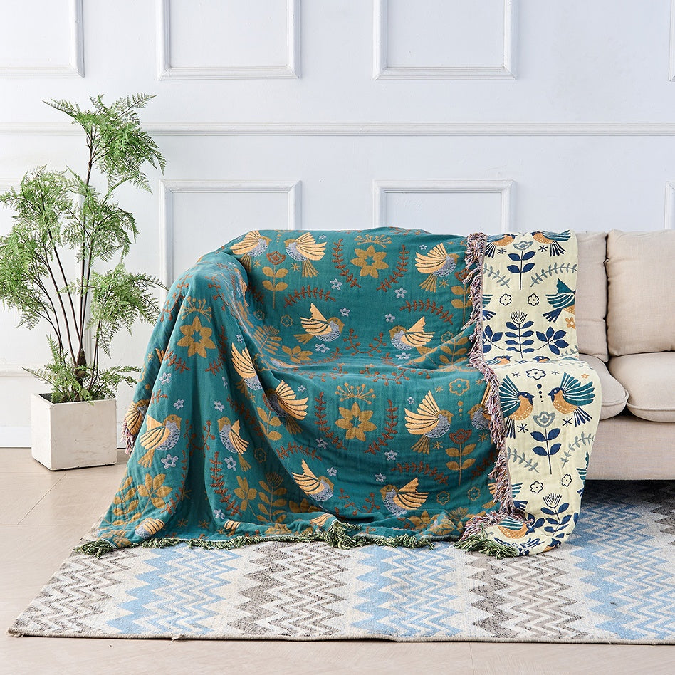 Reversible Cotton Scandinavian Bird Blanket-Bedding & Bath > Blankets-casanuva-casanuva