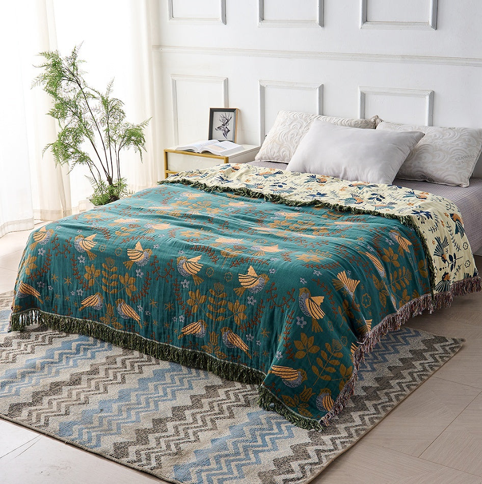 Reversible Cotton Scandinavian Bird Blanket-Bedding & Bath > Blankets-casanuva-casanuva