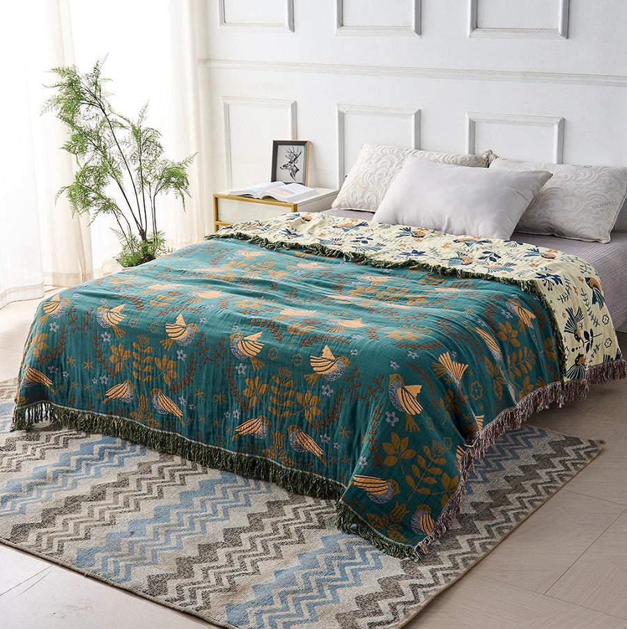 Reversible Cotton Scandinavian Bird Blanket-Bedding & Bath > Blankets-casanuva-casanuva