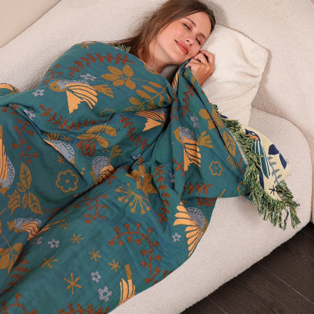 Reversible Cotton Scandinavian Bird Blanket-Bedding & Bath > Blankets-casanuva-casanuva
