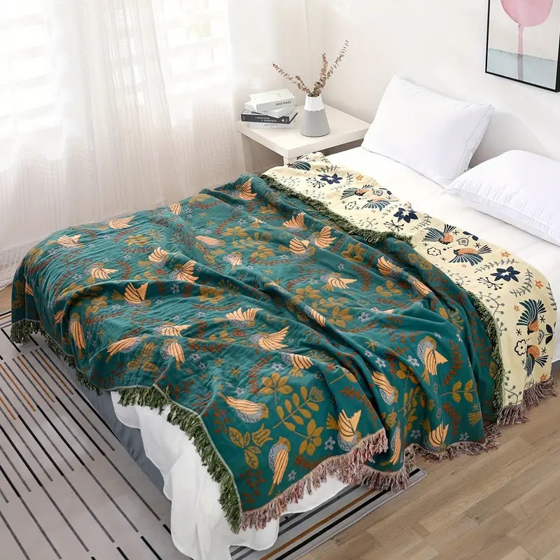 Reversible Cotton Scandinavian Bird Blanket-Bedding & Bath > Blankets-casanuva-casanuva