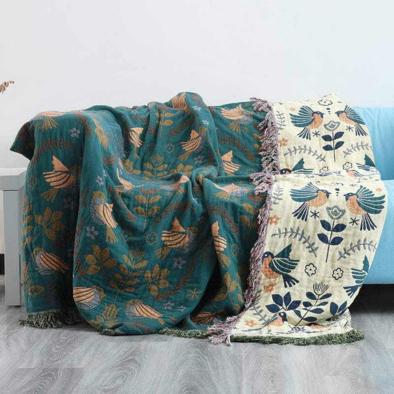 Reversible Cotton Scandinavian Bird Blanket-Bedding & Bath > Blankets-casanuva-60"x80"-casanuva