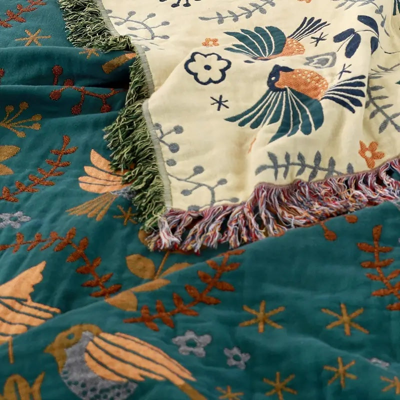 Reversible Cotton Scandinavian Bird Blanket-Bedding & Bath > Blankets-casanuva-casanuva