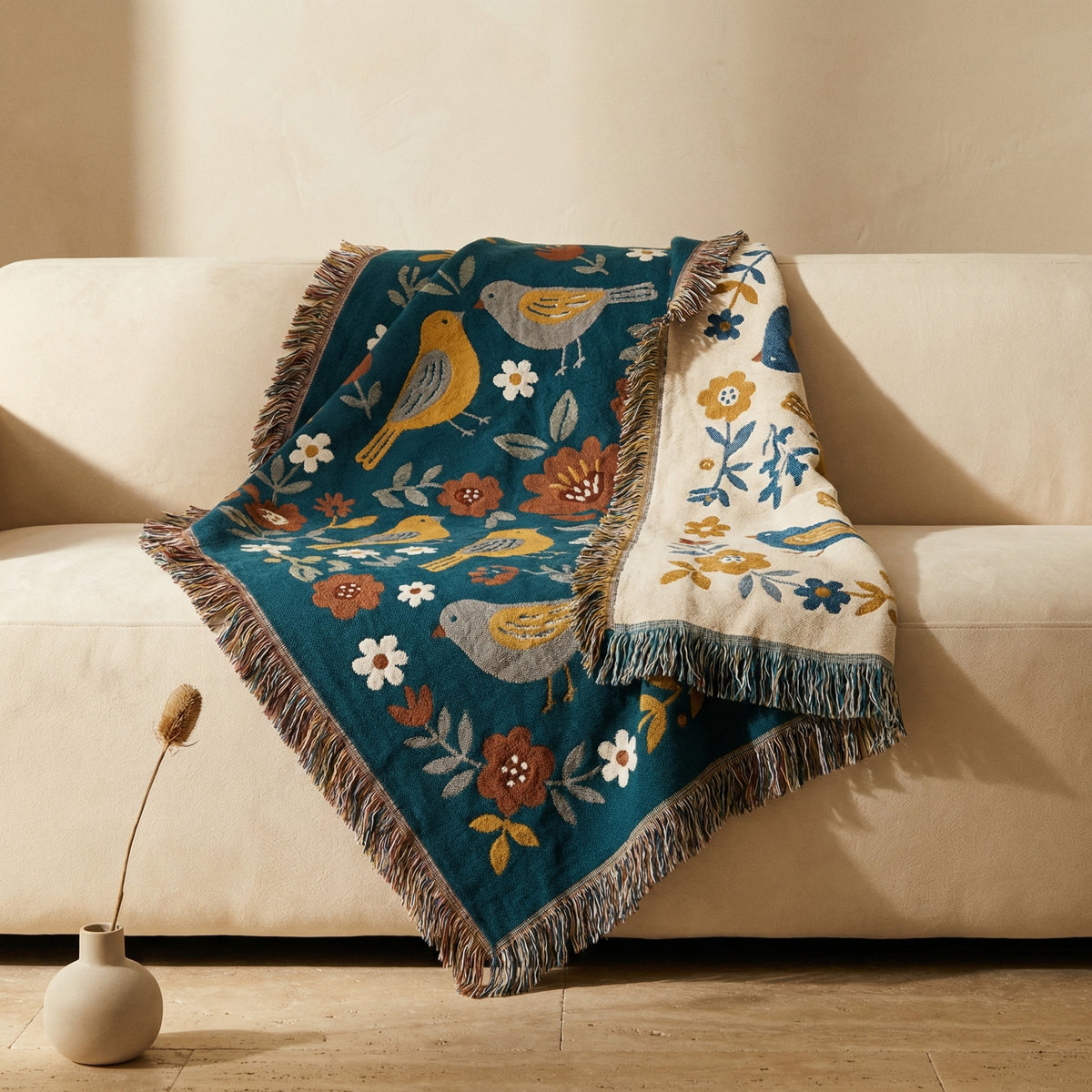 Reversible Cotton Scandinavian Bird Blanket-Bedding & Bath > Blankets-casanuva-casanuva