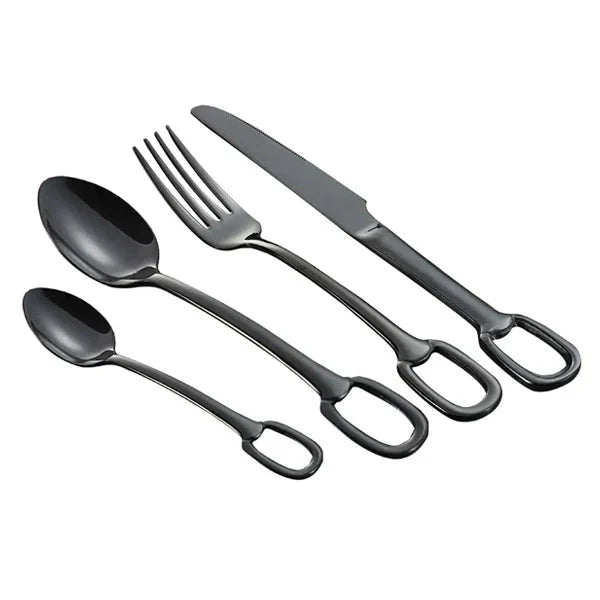 Ringlet Flatware Set 18/10 Stainless Steel with Ring Handle-Kitchen & Dining > Cutlery-casanuva-24 Pieces Set-Black-casanuva
