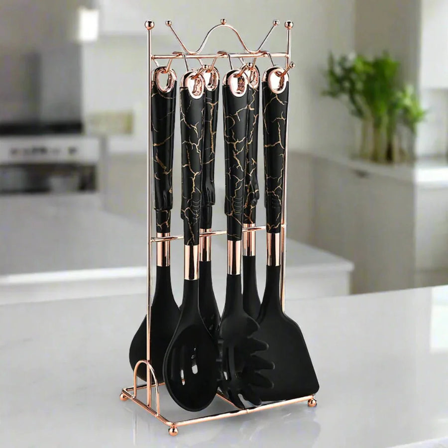 Rose Gold Kitchen Utensil Set 7-Piece with Stand-Kitchen & Dining > Cooking Utensils-casanuva-Black-Rose Gold Stand-casanuva