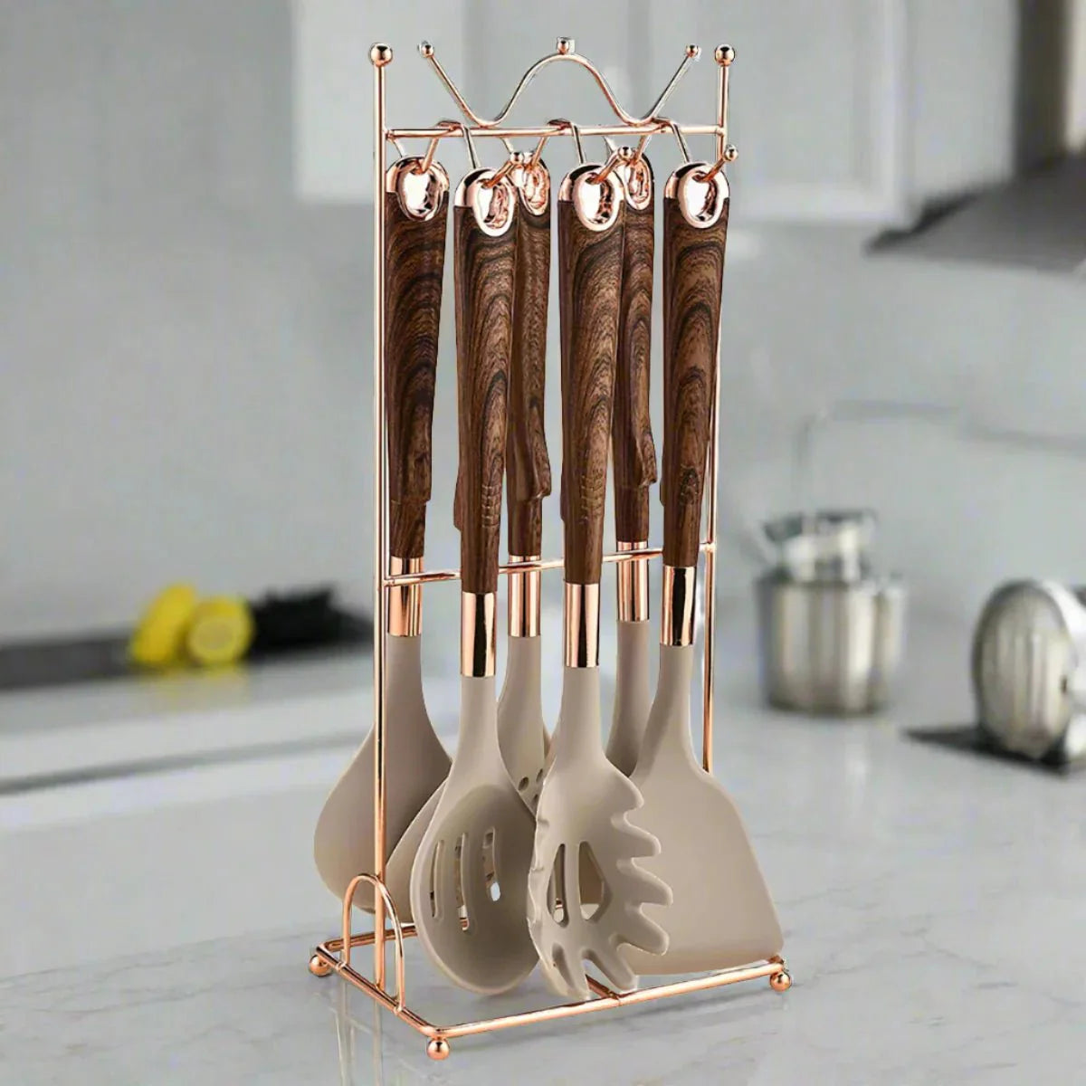 Rose Gold Kitchen Utensil Set 7-Piece with Stand-Kitchen & Dining > Cooking Utensils-casanuva-Khaki-Rose Gold Stand-casanuva