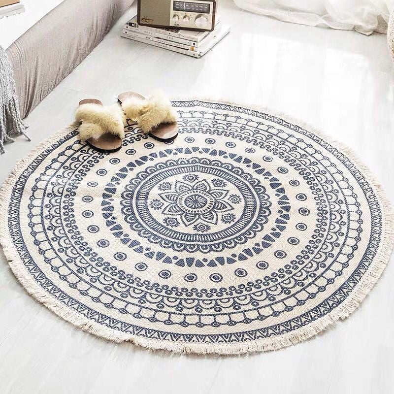 Round Boho Area Rug Geometric Cotton Design-Rugs & Mats > Area Rugs-casanuva-Blau-3'11" x 3'11"-casanuva
